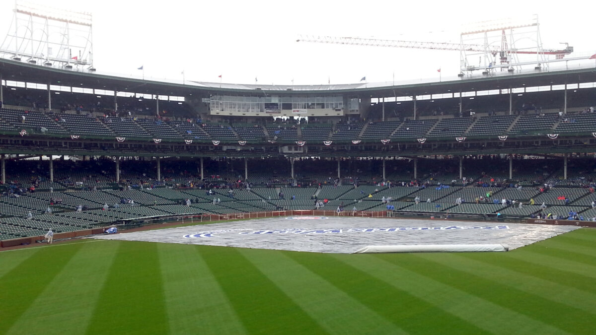 My first view of Wrigley Field, with the tarp on the field, from the bleachers.