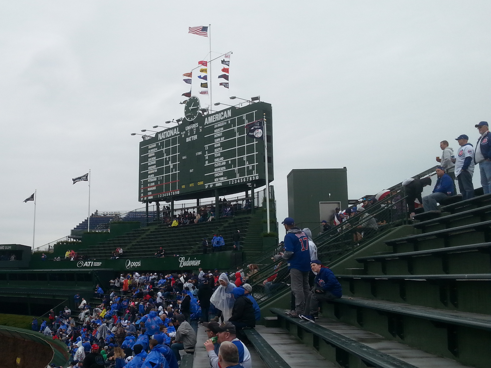 The Wrigley Field scoreboard. The wind is blowing in from Lake Michigan.