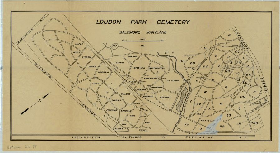 My personal estimate of the extent of the Loudon Park Lake, drawn on an old map of the cemetery