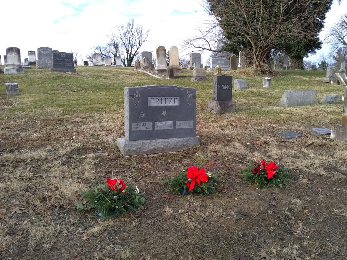 Grave decorated for Christmas at Baltimore's Loudon Park Cemetery