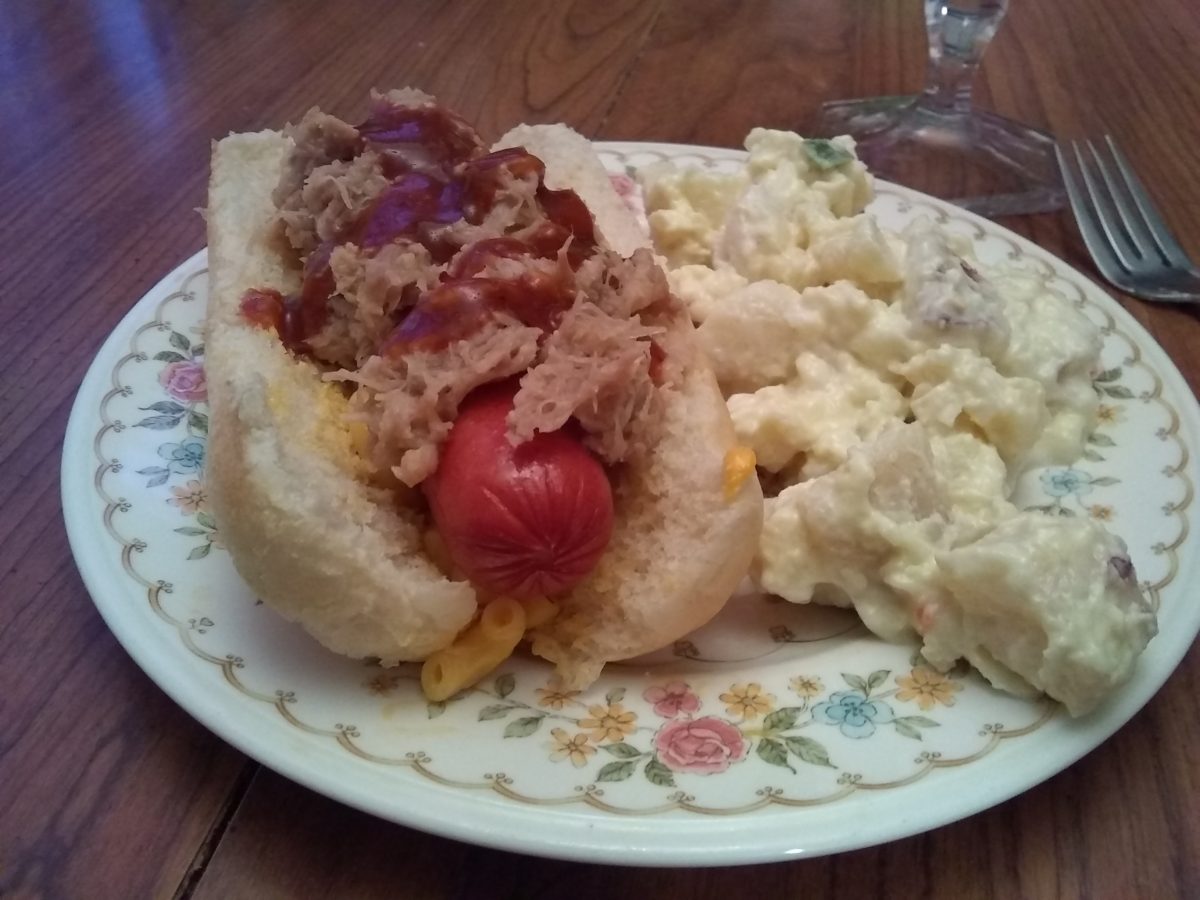 Mac and cheese/pulled pork hot dog