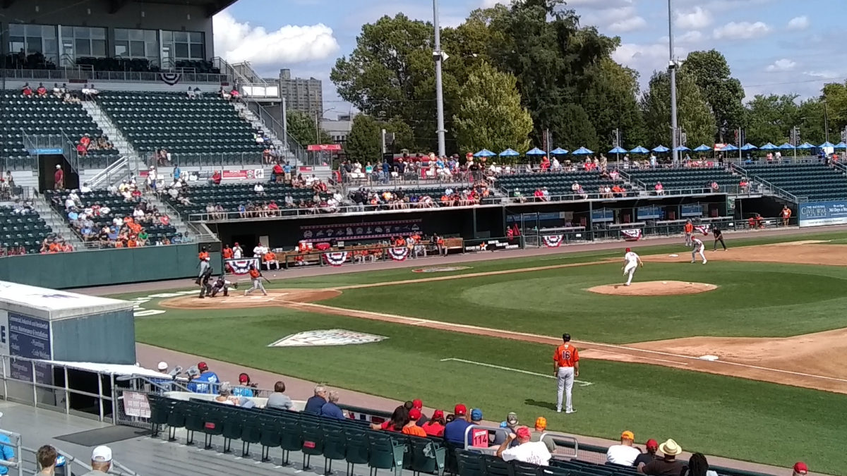 The Baysox's Cedric Mullins hitting a home run to left off the Senators' Carson Teel in the top of the first.