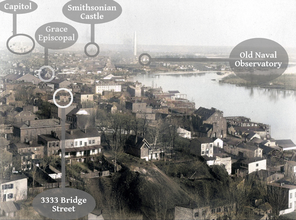 Annotated and colorized photograph of Georgetown, showing location of the Smithsonian Castle, the Captiol Building, Grace Episcopal, and the probable location of my great-great-grandparents' home