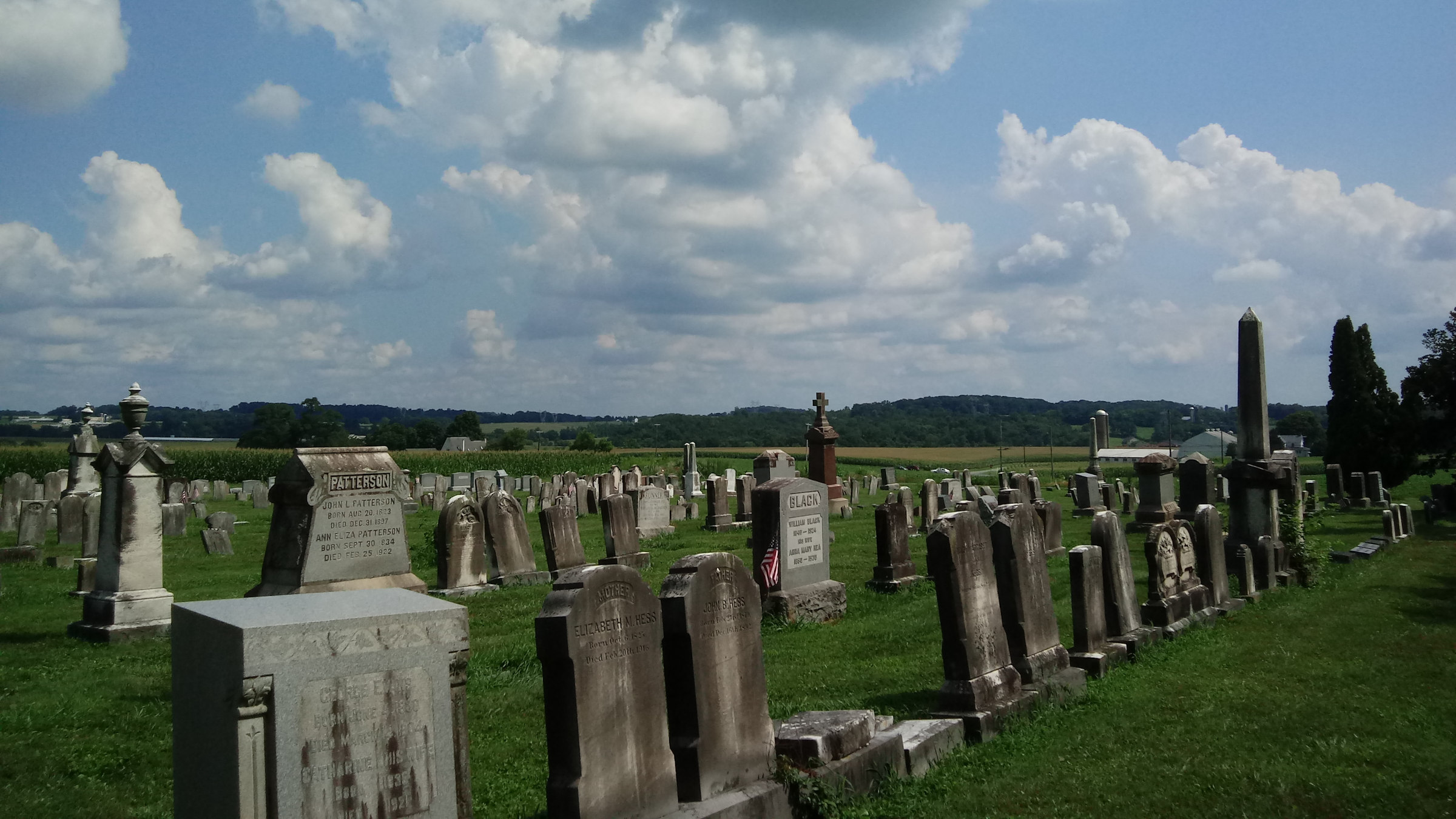The view from the cemetery of Little Britain Presbyterian Church, looking southeast across the cemetery and the fields beyond