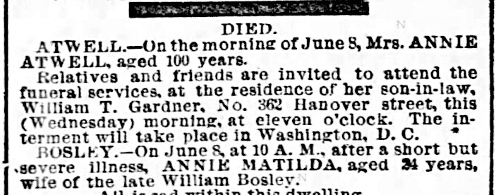 Clipping from the Baltimore Sun, June 9, 1886, of the death notice of Annie Atwell, aged 100