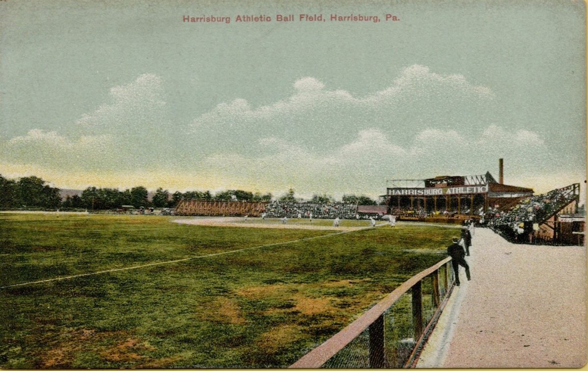 Vintage postcard showing the old Harrisburg ballpark grandstand