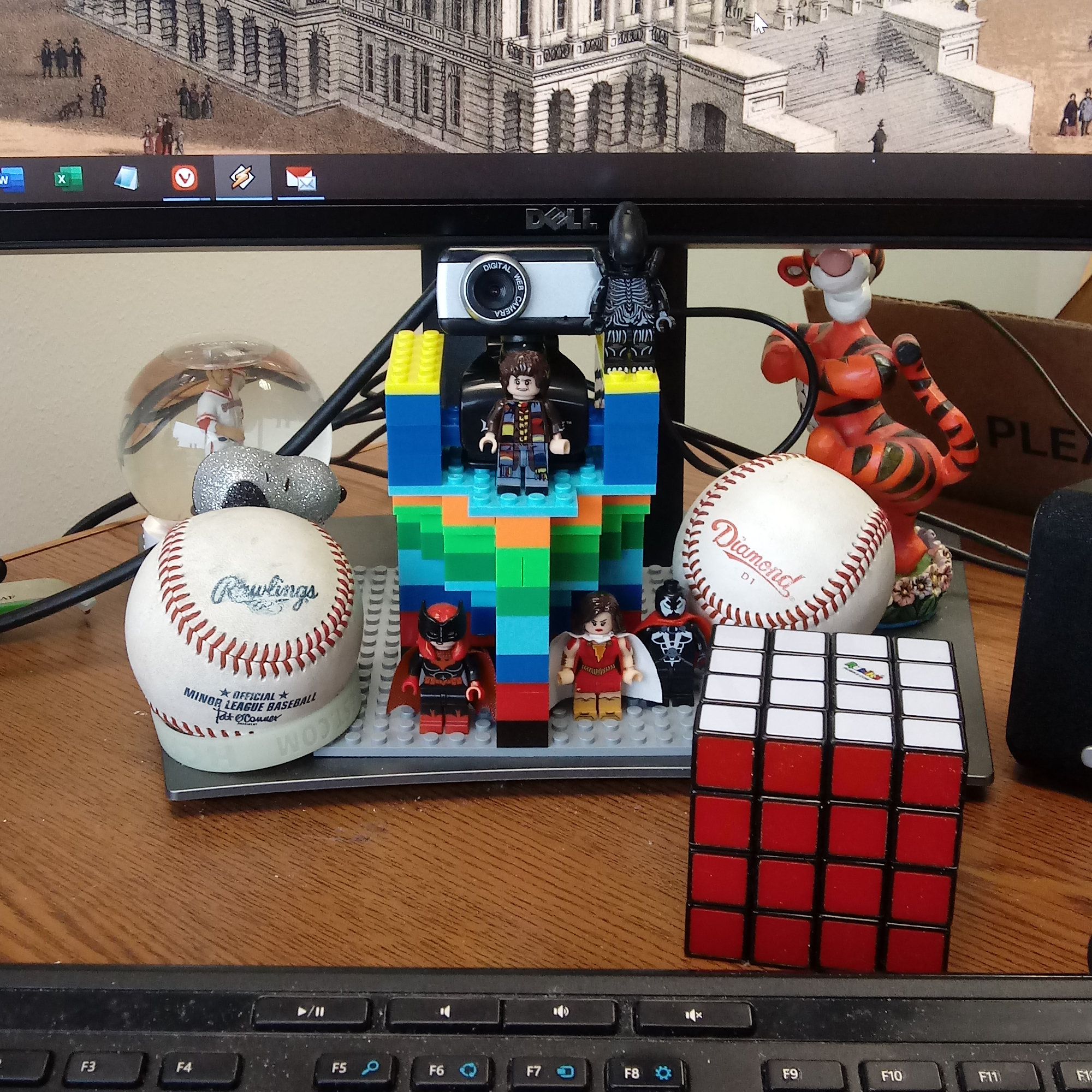 The webcam tower, built from LEGO, on my desk