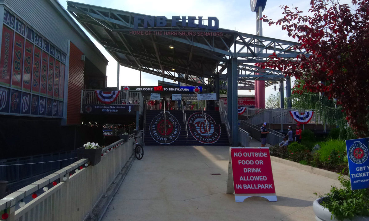 Entrance to FNB Field, showing the Nationals and Senators' logos on the stairs