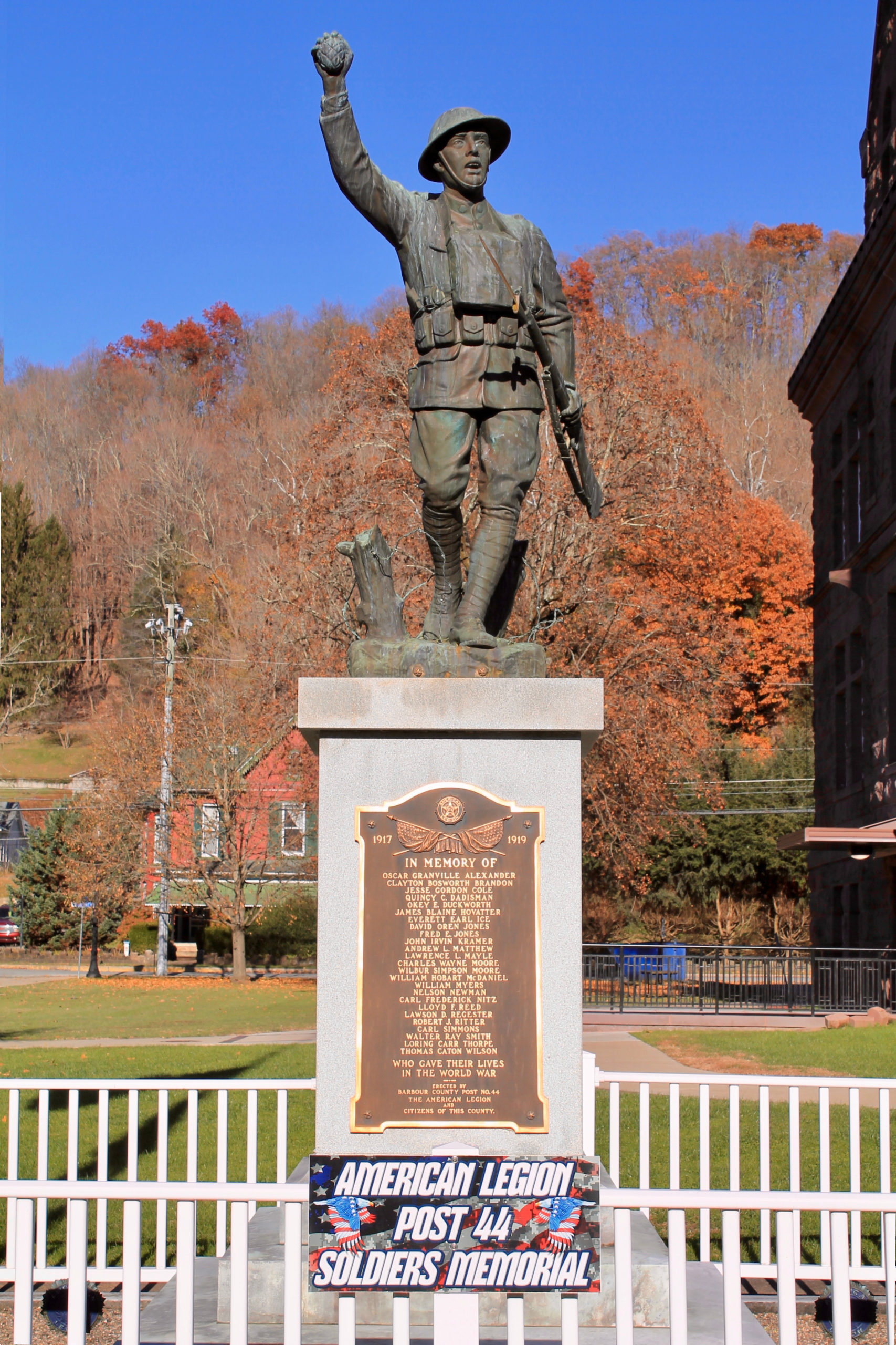 On the 100th-anniversary of the end of World War I (November 11, 2018), the war memorial stands on the lawn of the Barbour County Courthouse in Philippi, WV