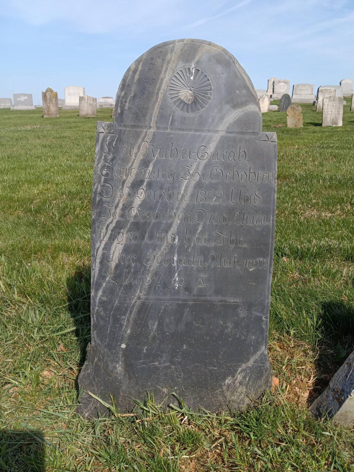 Early 19th-century headstone at Freysville Cemetery, carved in German