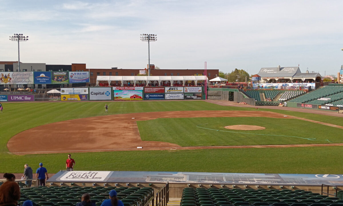 View of Clipper Magazine Stadium's right field wall and party pavilion from the third base side