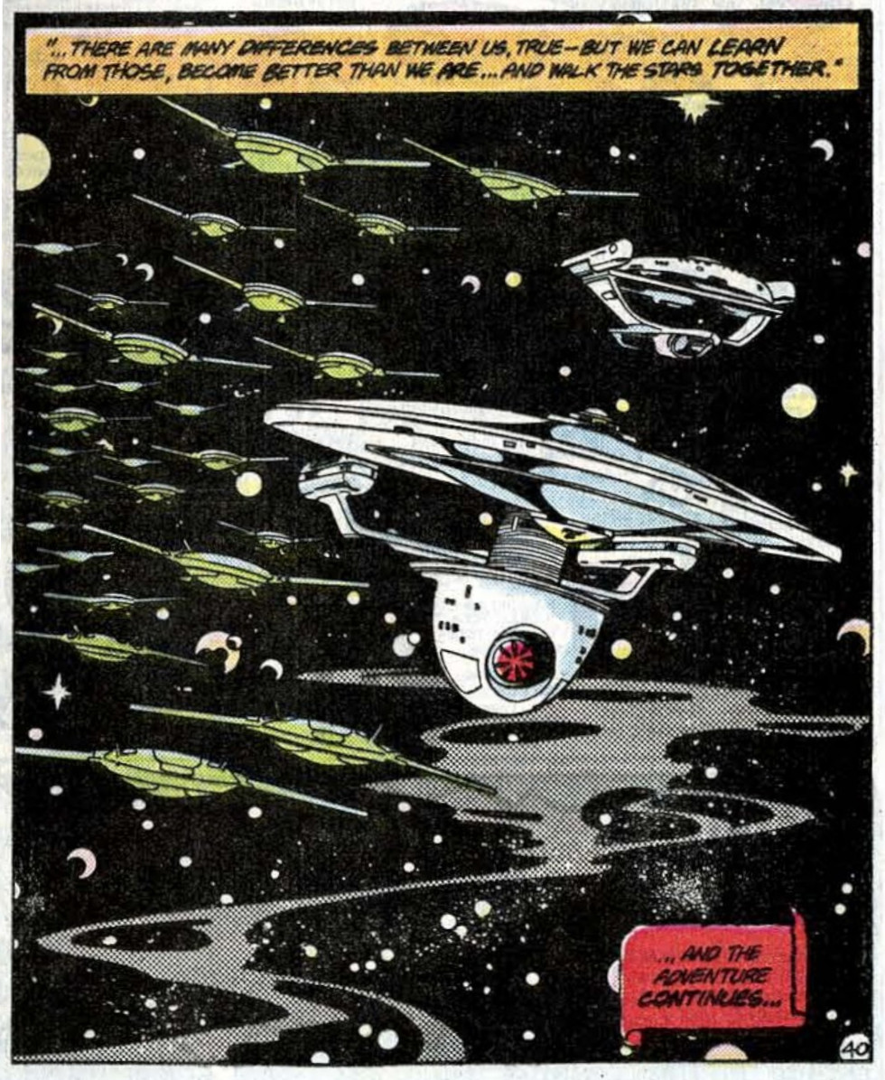 Art from the final page of Star Trek Annual #1, illustrated by David Ross, depicting the Surak and the Excelsior.