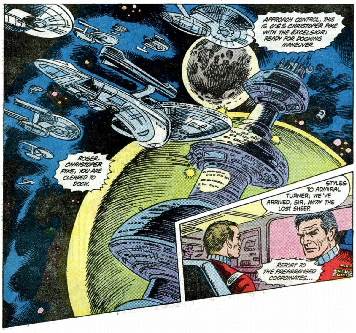 The Federation fleet approaching Spacedock from issue #16. Text by Mike W. Barr, art by Tom Sutton and Ricardo Villagran.