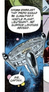 The Surak departing planet Proto in DC Comics' Star Trek #21, illustrated by Tom Sutton and Ricardo Villagran.