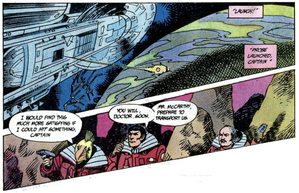 The Surak in space fires a probe at a planet, from Star Trek #26, illustrated by Tom Sutton and Ricardo Villagran.