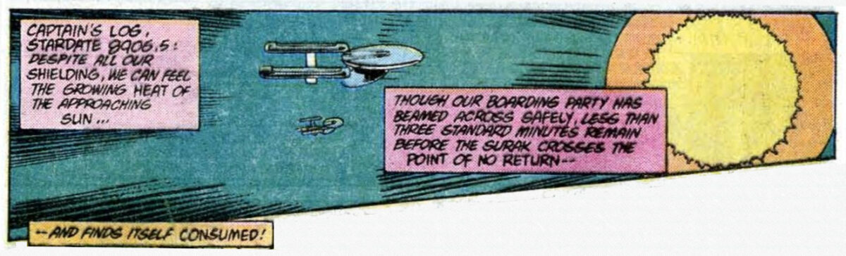 The Excelsior and Surak together in space, approaching a yellow star, from Star Trek #34.