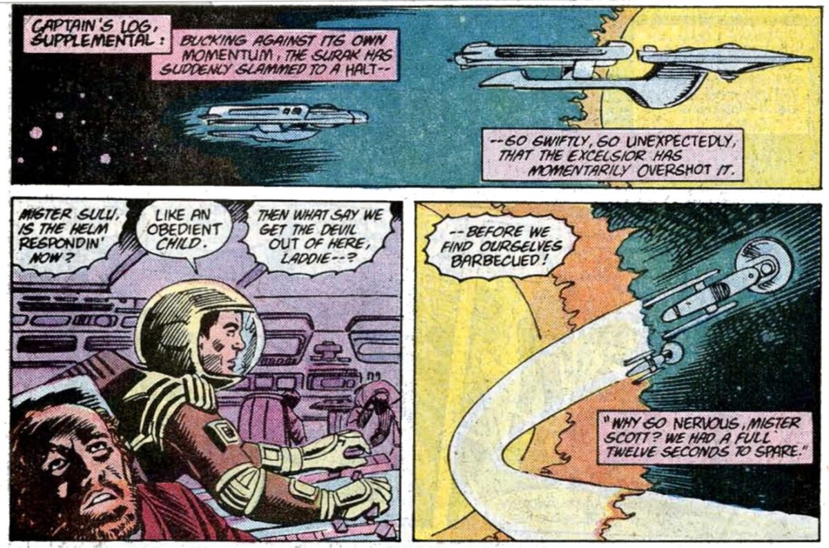 Two panels of the Excelsior and the Surak from Star Trek #34. One depicts the Surak as a science-type vessel, the other as a miniature Excelsior.