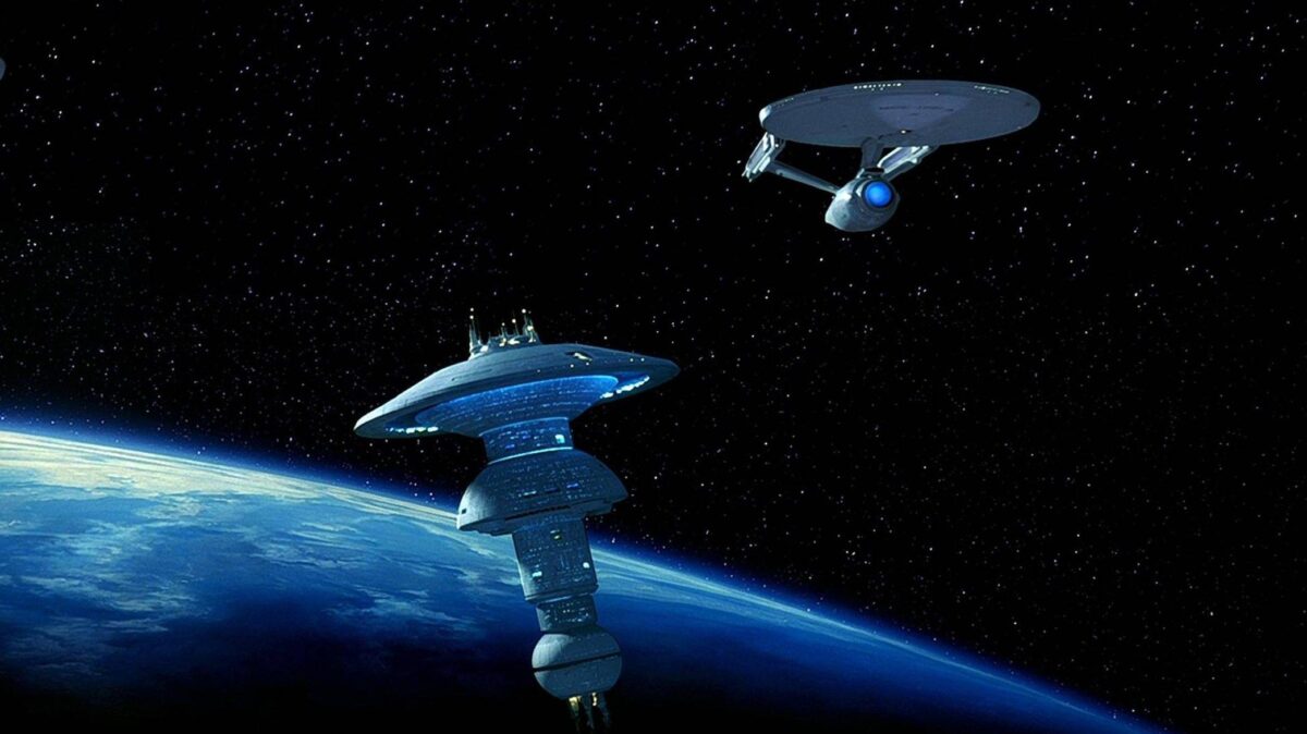 Still from Star Trek VI, showing the Enterprise-A departing Spacedock.