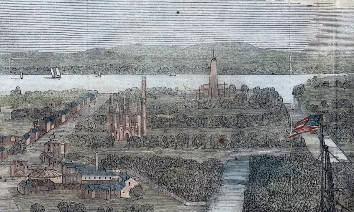 Detail of Andrews' Birdseye View, showing the Smithsonian Castle and the unfinished Washington Monument.