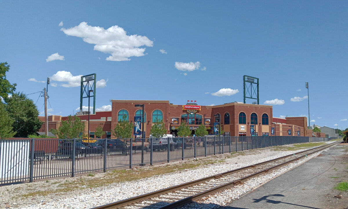 The facade of People's Bank Park, as seen from the railroad tracks outside the stadium