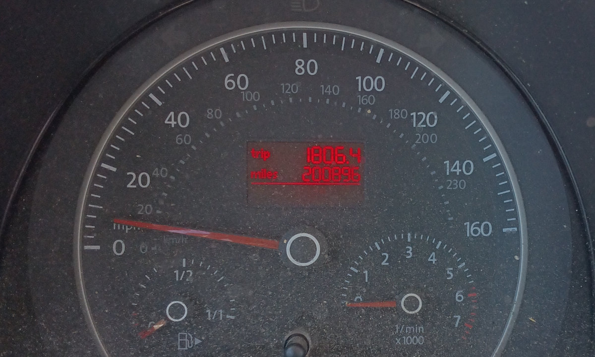 My Beetle's dashboard, showing a speed of 8 mph, an empty tank, 0 RPMs, and 200,896 miles.