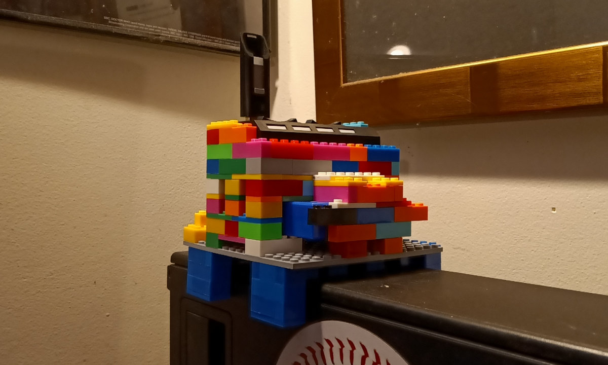 My off-brand LEGO external hard drive/USB mount, affixed to my Dell OptiPlex
