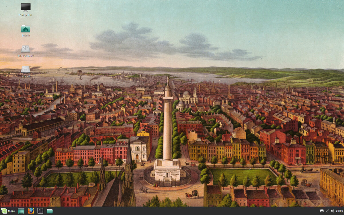 Linux Mint desktop, circa 2020, with Edward Sachse's painting of Baltimore, 1872, looking south from the Washington Monument, as the wallpaper