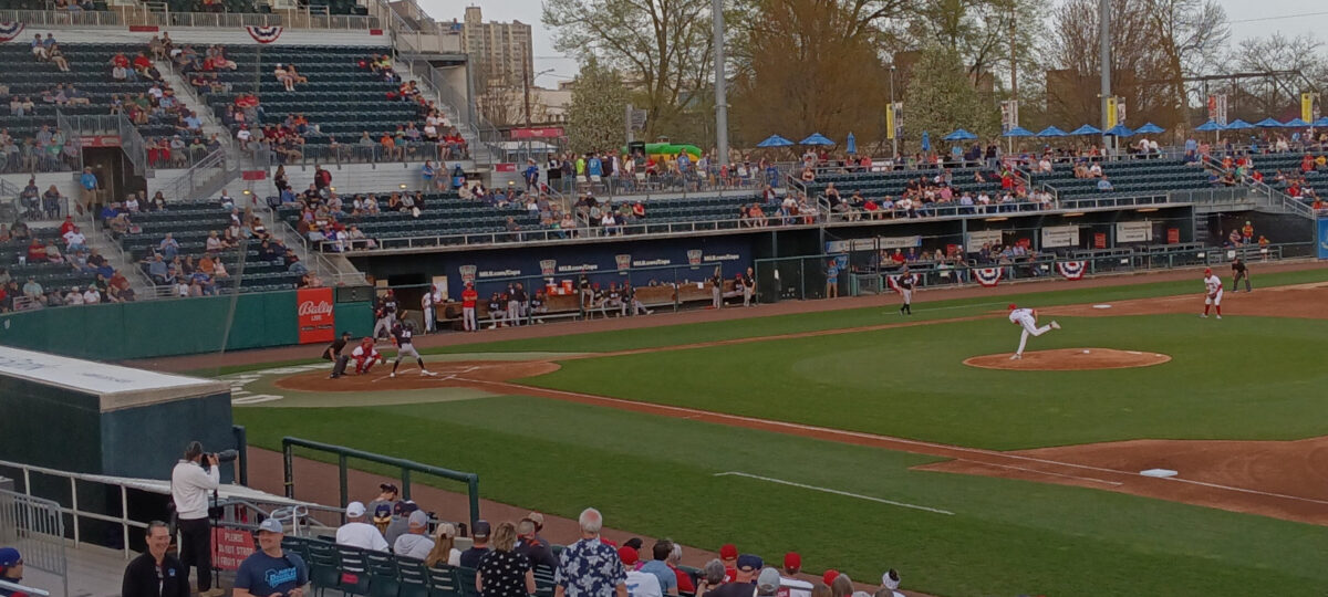 Alex Troop of the Harrisburg Senators delivers the first pitch.