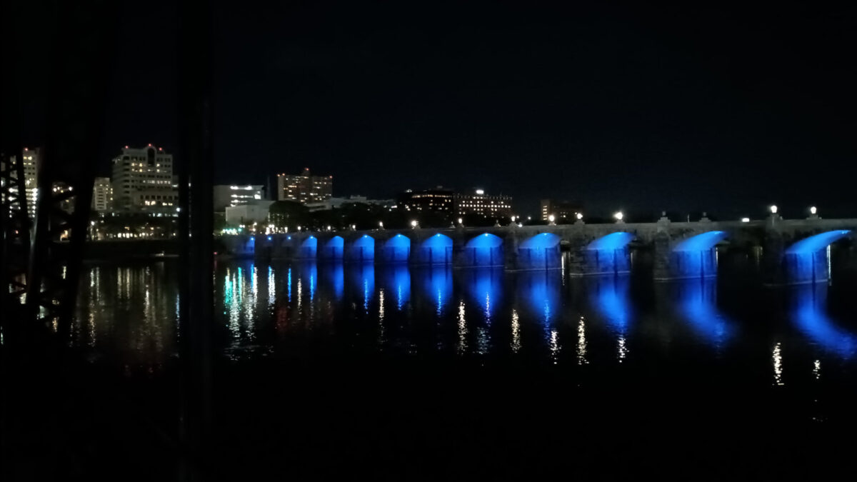 Lights under the Market Street Bridge, reflecting in the Susquehanna