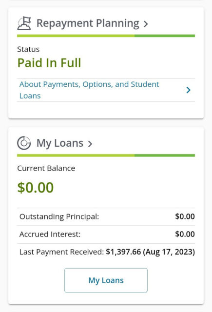 Screenshot of my Nelnet student load dashboard, showing that on August 17, 2023, my student loan no longer carried a balance.