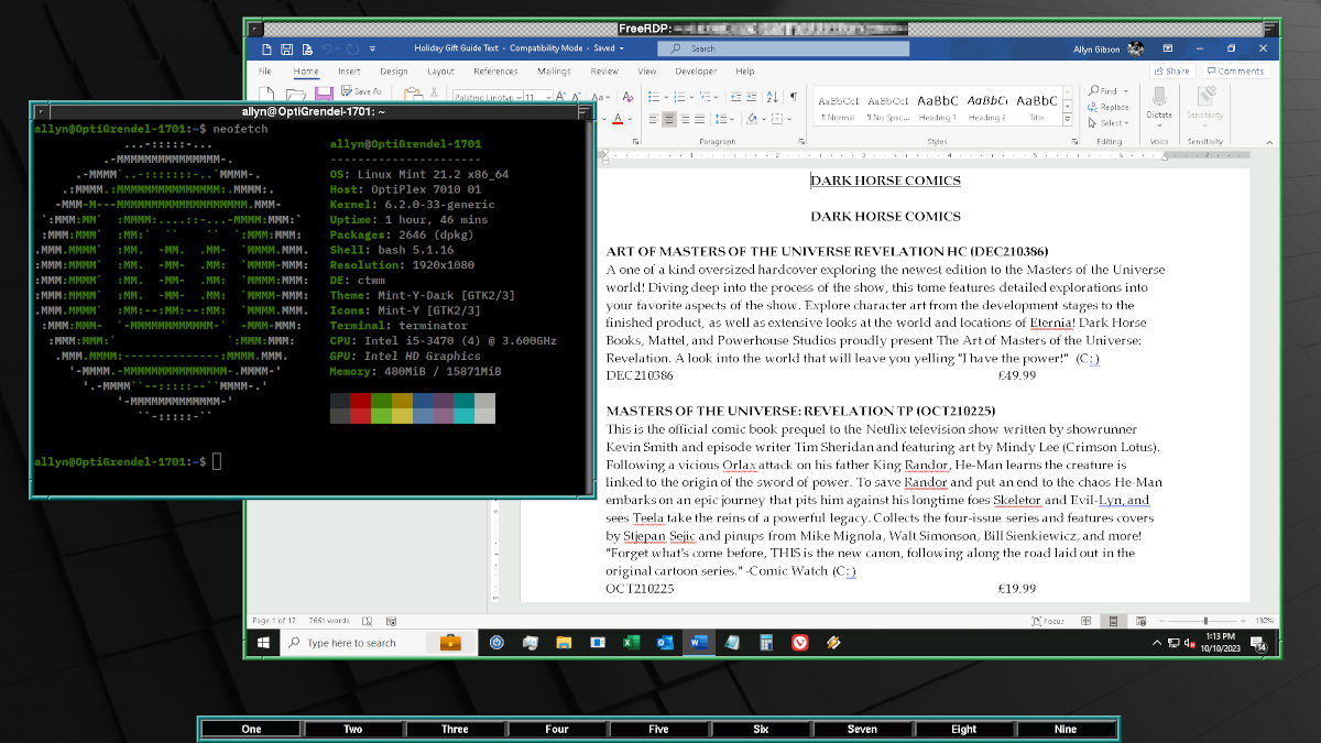 Linux Mint 21.2, running the CTWM window manager, will windows open to my remote desktop at work and a terminal