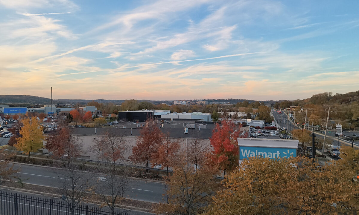 Hunt Valley, Maryland near sunset, with wispy, pinkish clouds overhead