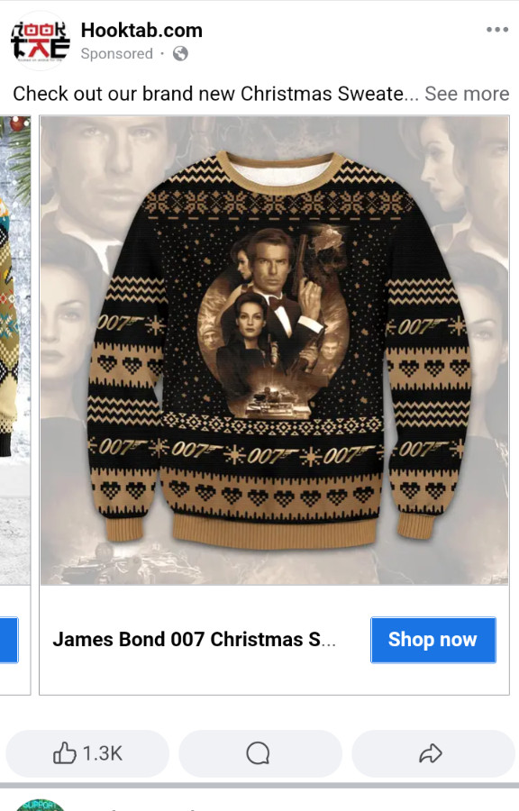 A James Bond Ugly Christmas Sweater for sale via Facebook, featuring a GoldenEye-inspired design