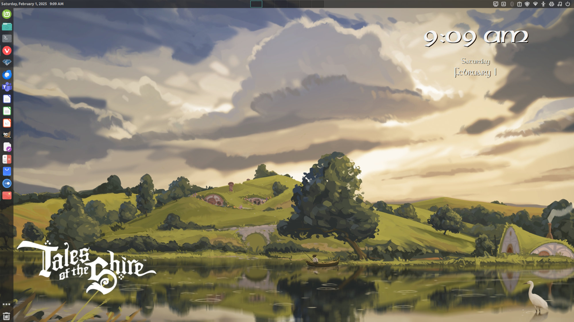 Linux Mint desktop screenshot, showing a wallpaper from the Tales of the Shire game