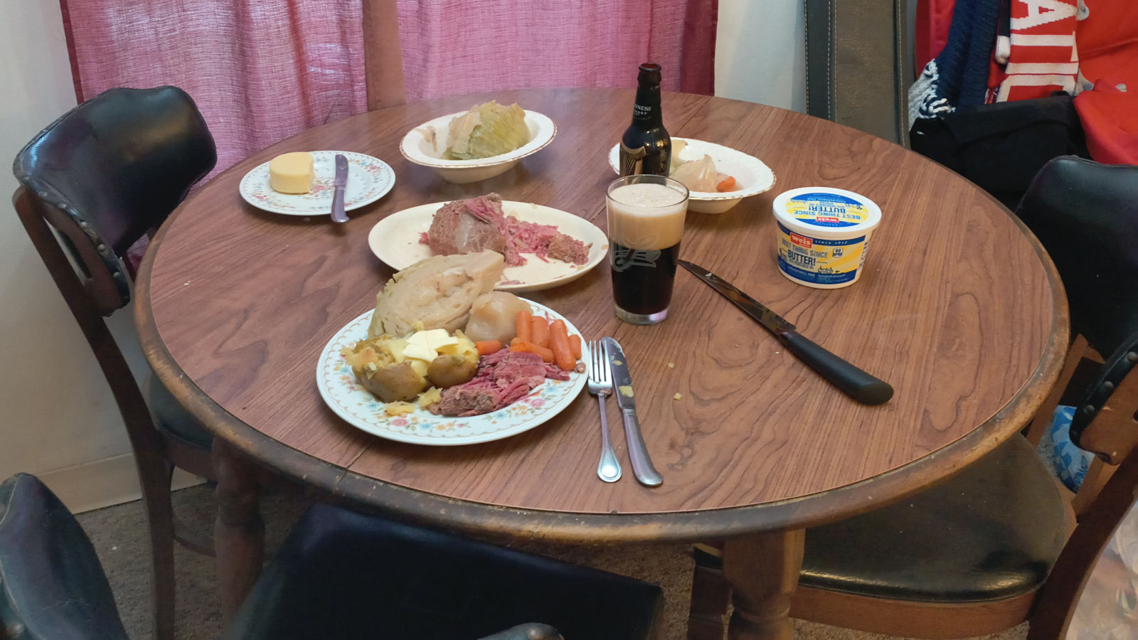 Corned beef and cabbage -- it boiled all day yesterday, and my apartment still smells of it