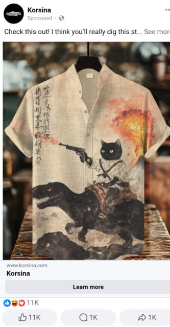 An ad on Facebook depicting, as described in the text, a woolen shirt featuring a Japanese manuscript art style shirt of a cat, riding a T-rex, firing a pistol, with a burning volcano and a bunch of kanji.