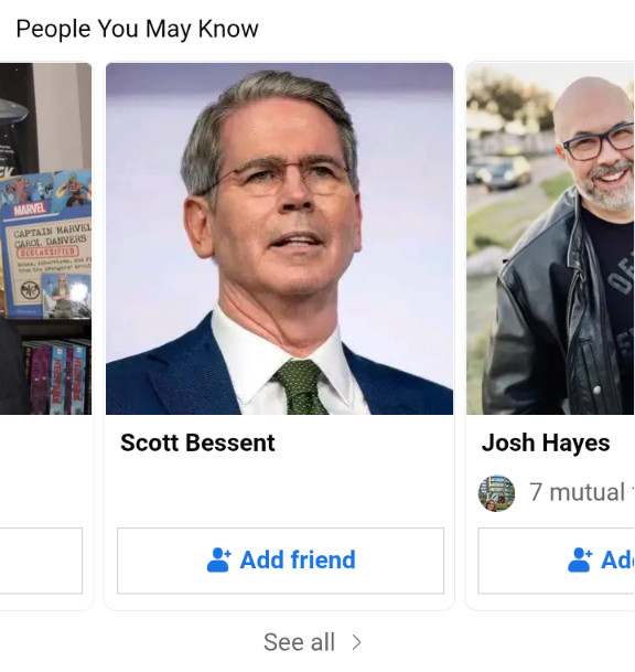 A screenshot of "People You May Know" from Facebook showing Trump administration Secretary of the Treasury Scott Bessent.