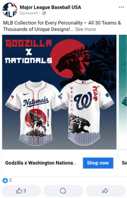 As described in the text, a novelty Washington Nationals jersey featuring Godzilla, the Japanese sun, and a city being destroyed.