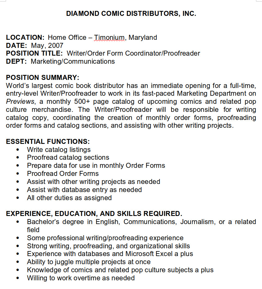  A job description for a "full-time entry-level Writer/Proofreader" to work on PREVIEWS. Function including "write catalog listings," "proofread order forms," and required skills include "some professional writing/proofreading experience" and "databases and Excel."