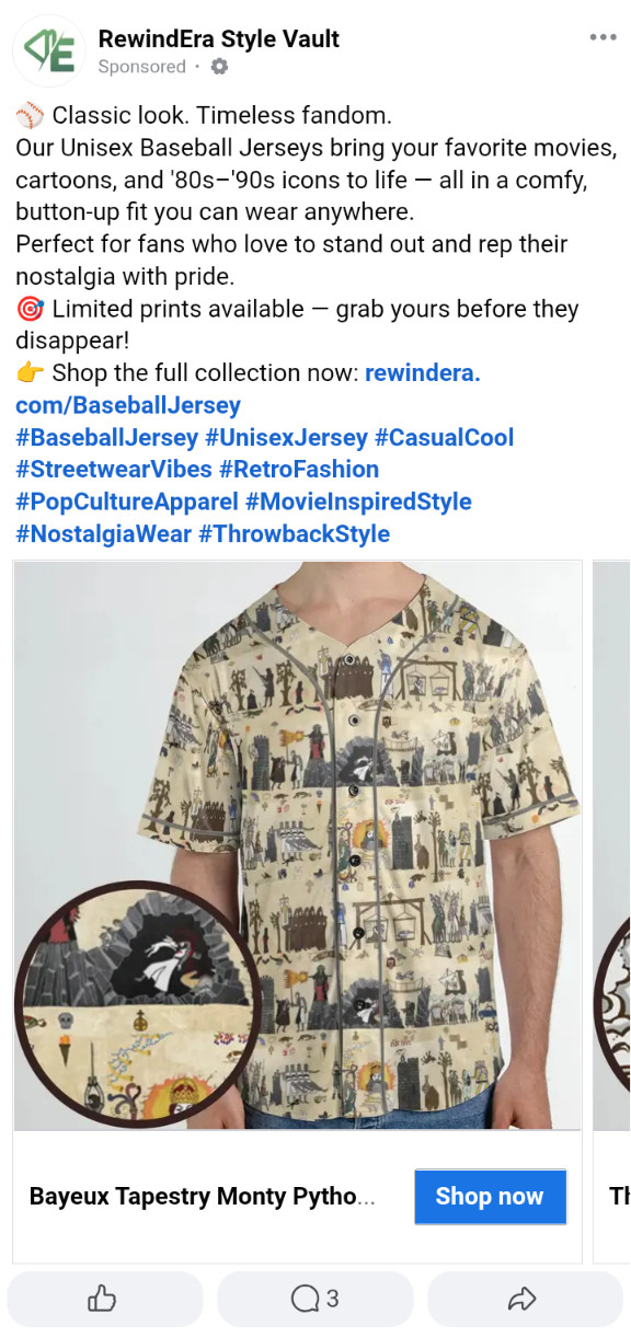 Facebook ad for a baseball jersey that depicts scenes from Monty Python and the Holy Grail in the style of the Bayeux Tapestry