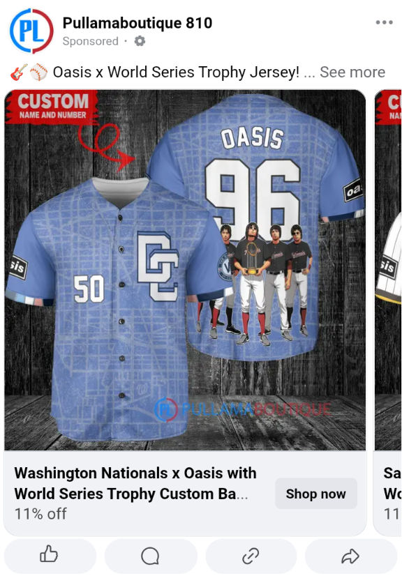 A Facebook ad for an unlicensed novelty Washington Nationals City Connect jersey with "Standing on the Shoulder of Giants"-era Oasis holding the World Series trophy on its back.