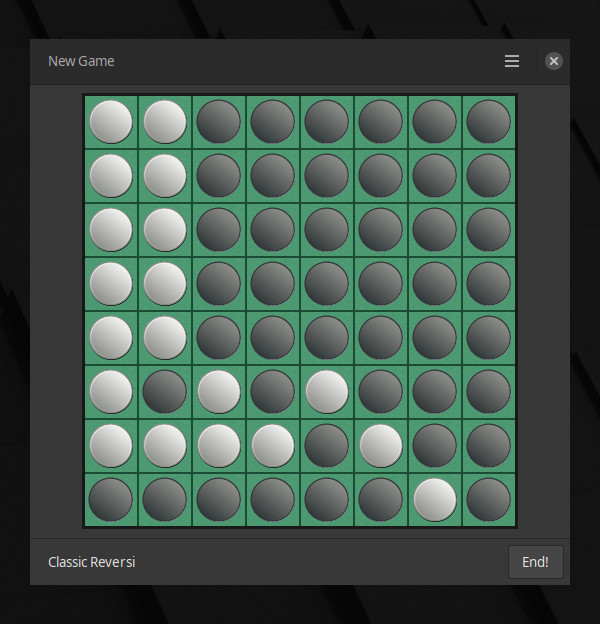 Final board of a game of Othello, with black dominating the board, but white taking most of the left two columns