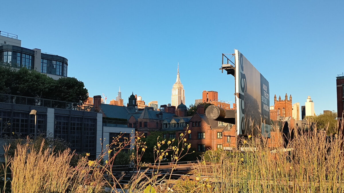 The Empire State Building, seen from the High line. I'm curious what the church structure is in front of me.