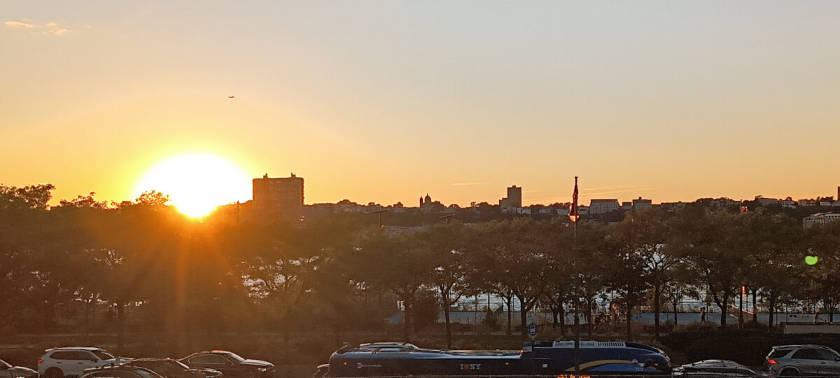 The sun setting behind the Jersey hills. A churck of some sort -- Orthodox? Catholic? -- was silhoutted by the sunset.