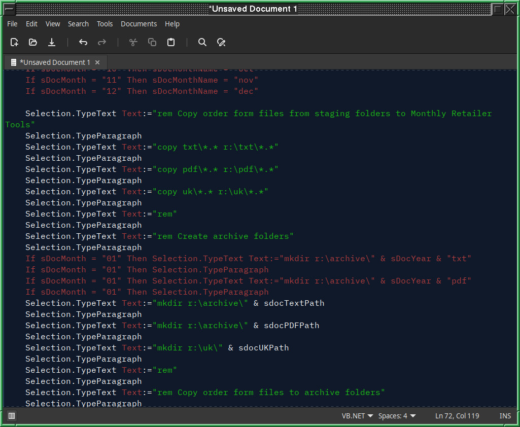Screenshot of my VBA macro code that builds the batch file