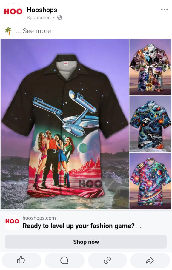 A Star Trek collared shirt, featuring Harry Mudd and three women on a planet while the Eanterprise is overhead, taken from Bob Larkin's cover to J.A. Lawrence's novelation, Mudd's Angels