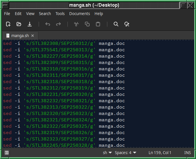 Screenshot of my bash script in my text editor, showing about a dozen and a half sed commands