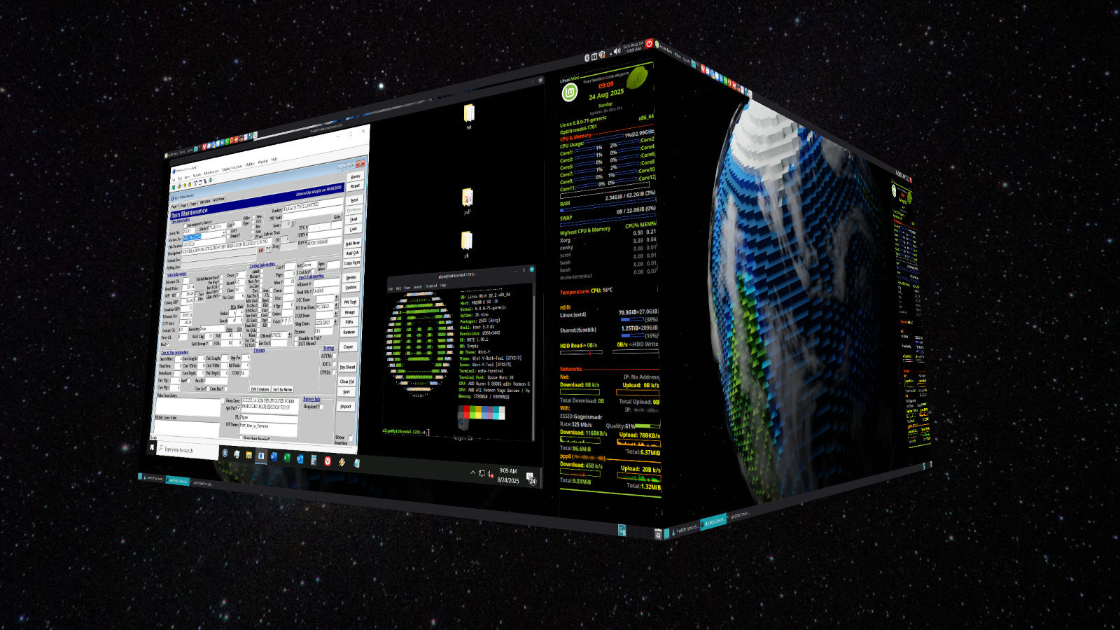 Screenshot of Linux Mint, with the screen rotating in a Compiz box, a FreeRDP session open ot Diamond, a terminal, and a Conky system monitor on one of the faces of the cube