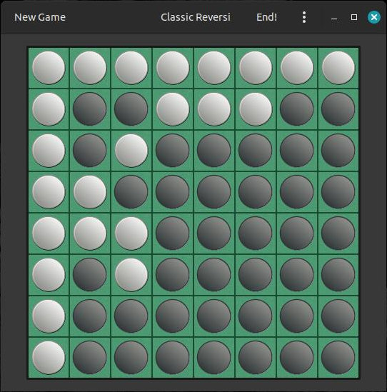 Screenshot of a game of Othello.  White controls the left column and the top row, but I, black, control everything else.