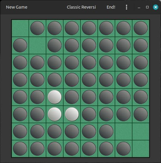 Screenshot of a game of Othello. I, black, dominate the board. White has three stones clustered together left center, and we've exhausted our ability to move.